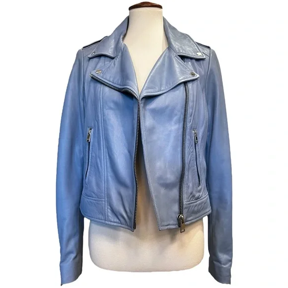 LAMARQUE Donna Blue Leather Moto Biker Jacket size Medium - Picture 7 of 11